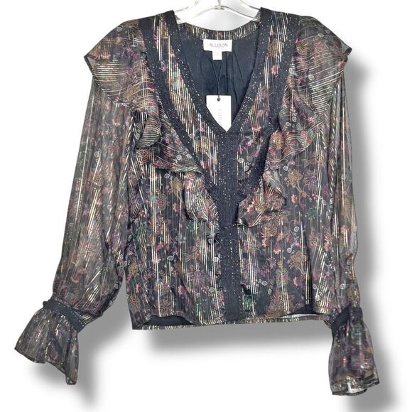 Allison NY Mason Mayes Jules Ruffle Laced Metallic Blouse Paisley Blooms Size XS - Picture 4 of 11